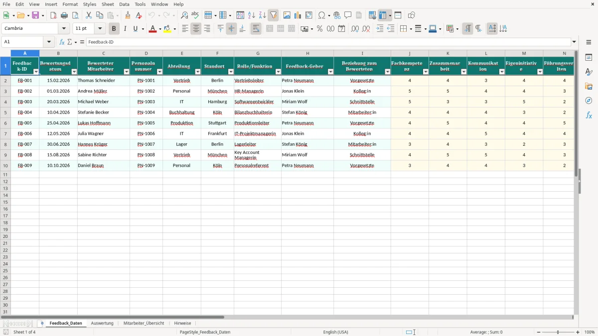 Captura de tela 1: Aba Feedback_Daten - Planilha Excel 360 grad feedback excel vorlage