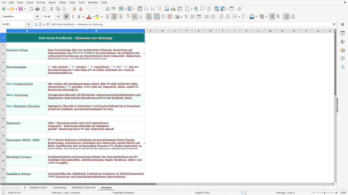 Captura de tela 4: Aba Hinweise - Planilha Excel 360 grad feedback excel vorlage