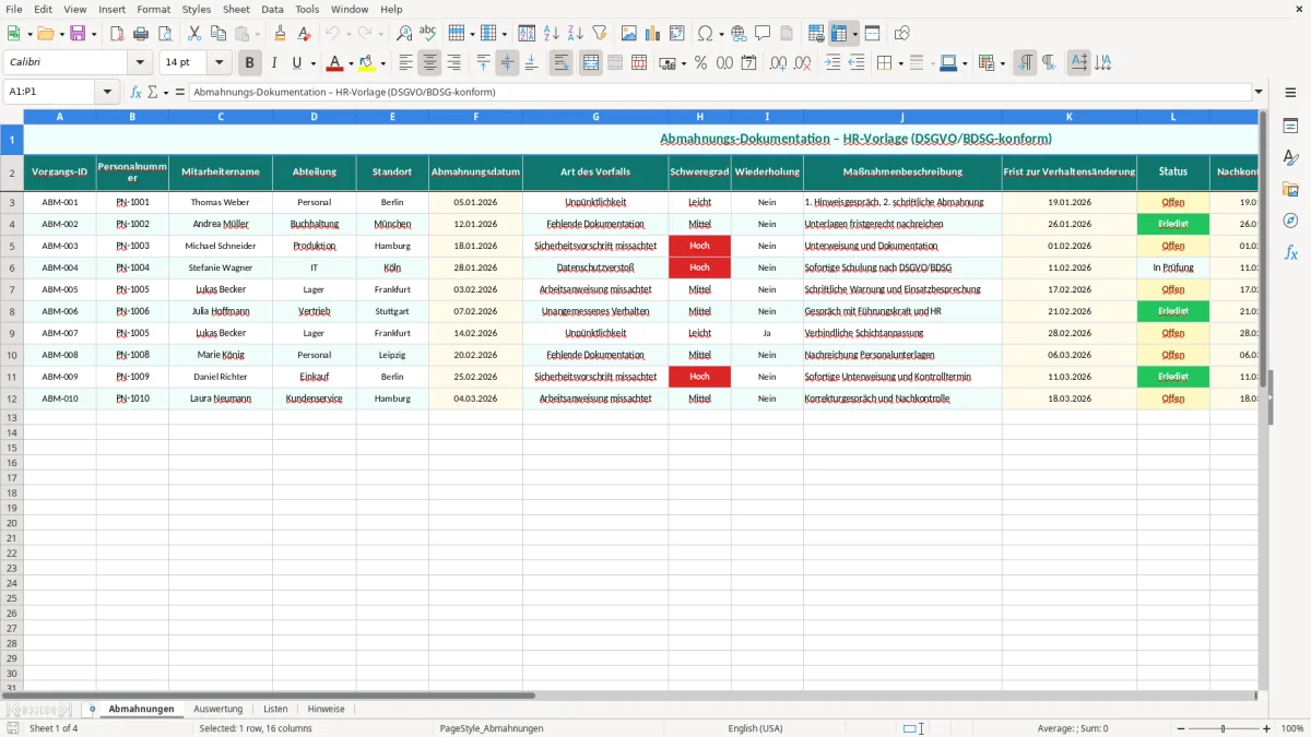 Captura de tela 1: Aba Abmahnungen - Planilha Excel abmahnung dokumentation excel vorlage