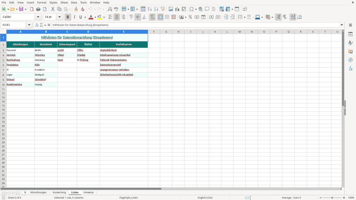 Captura de tela 3: Aba Listen - Planilha Excel abmahnung dokumentation excel vorlage