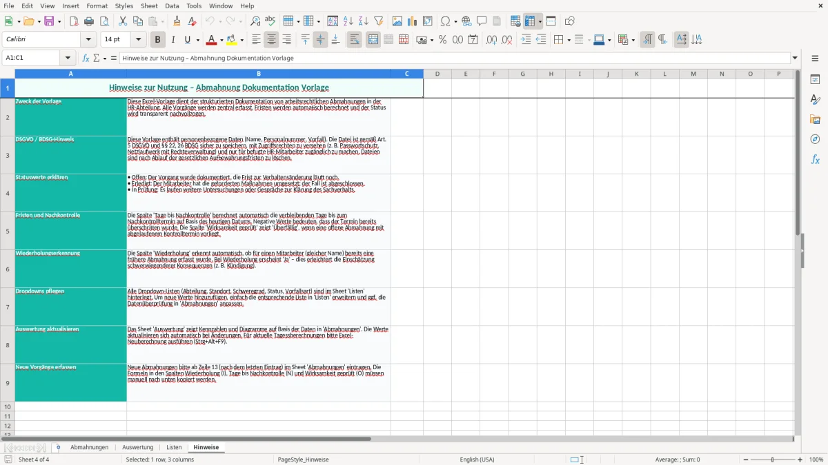 Captura de tela 4: Aba Hinweise - Planilha Excel abmahnung dokumentation excel vorlage