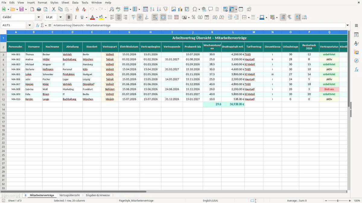 Captura de tela 1: Aba Mitarbeiterverträge - Planilha Excel arbeitsvertrag übersicht excel vorlage