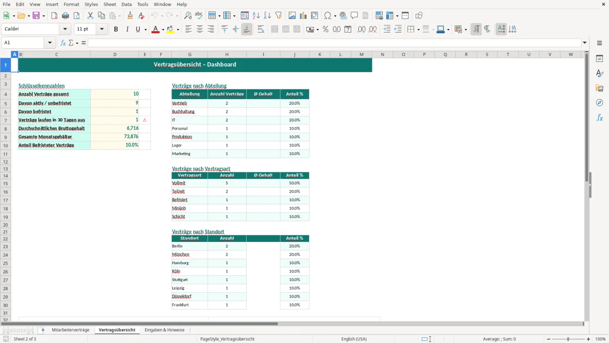 Captura de tela 2: Aba Vertragsübersicht - Planilha Excel arbeitsvertrag übersicht excel vorlage