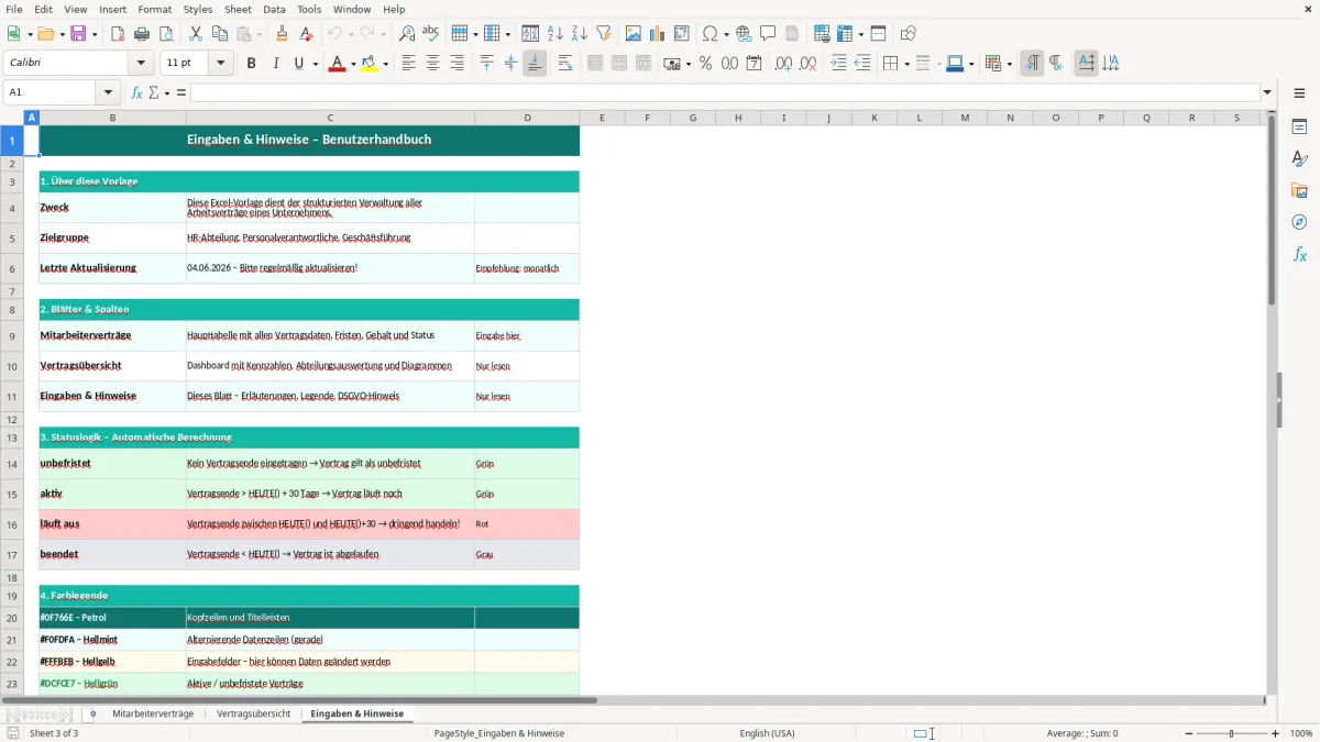 Captura de tela 3: Aba Eingaben & Hinweise - Planilha Excel arbeitsvertrag übersicht excel vorlage