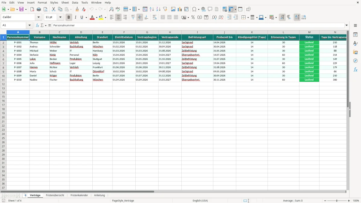 Captura de tela 1: Aba Verträge - Planilha Excel befristung fristen tracker excel vorlage