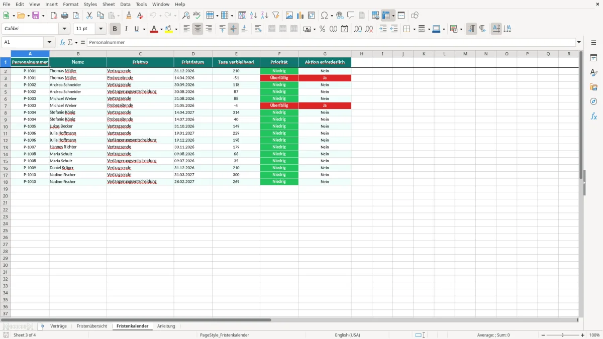 Captura de tela 3: Aba Fristenkalender - Planilha Excel befristung fristen tracker excel vorlage