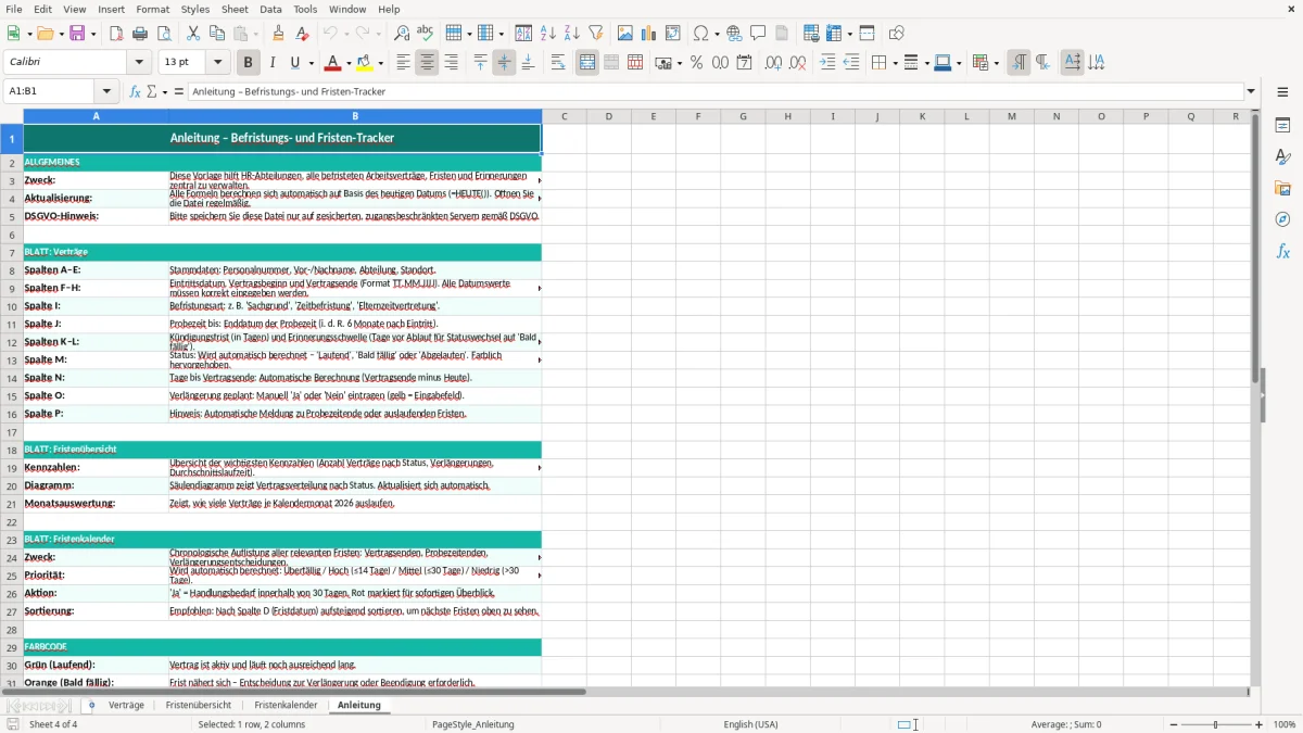 Captura de tela 4: Aba Anleitung - Planilha Excel befristung fristen tracker excel vorlage