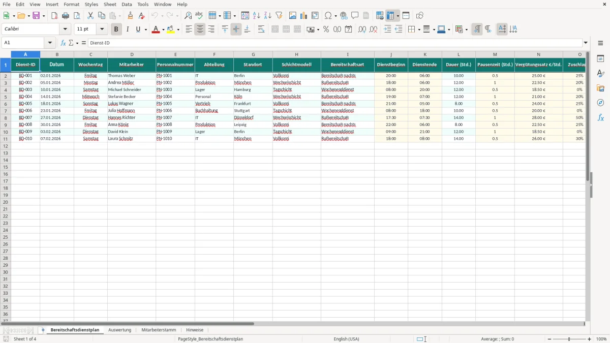 Captura de tela 1: Aba Bereitschaftsdienstplan - Planilha Excel bereitschaftsdienstplan excel vorlage