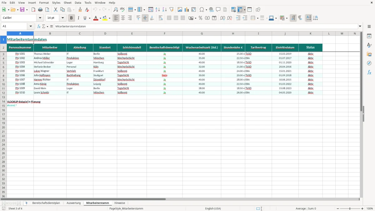 Captura de tela 3: Aba Mitarbeiterstamm - Planilha Excel bereitschaftsdienstplan excel vorlage