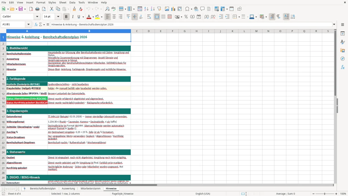 Captura de tela 4: Aba Hinweise - Planilha Excel bereitschaftsdienstplan excel vorlage