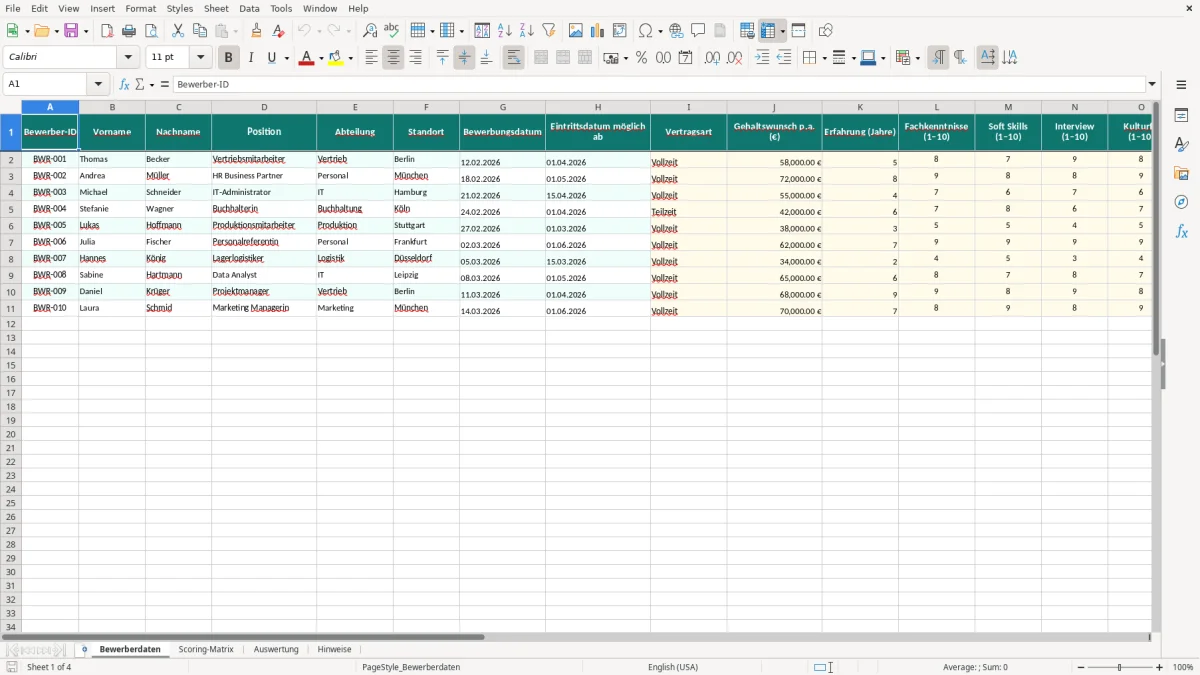 Captura de tela 1: Aba Bewerberdaten - Planilha Excel bewerber scoring excel vorlage