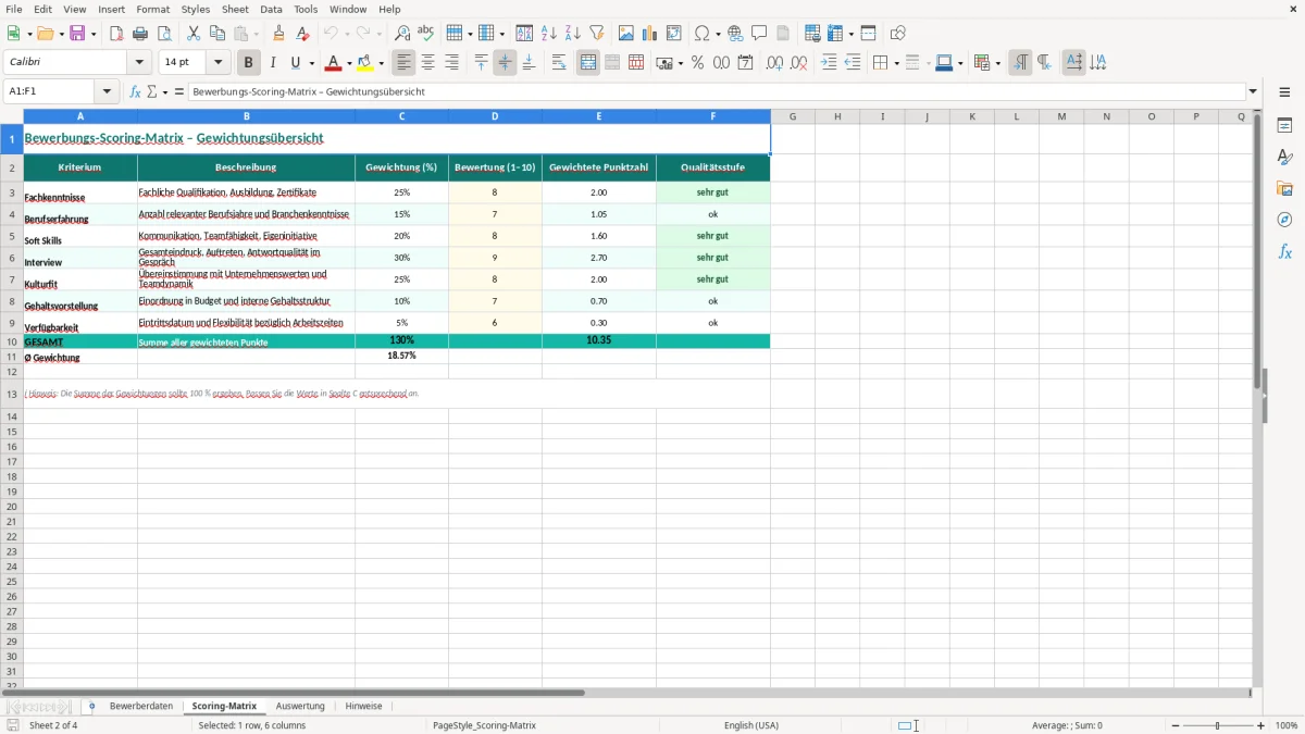 Captura de tela 2: Aba Scoring-Matrix - Planilha Excel bewerber scoring excel vorlage