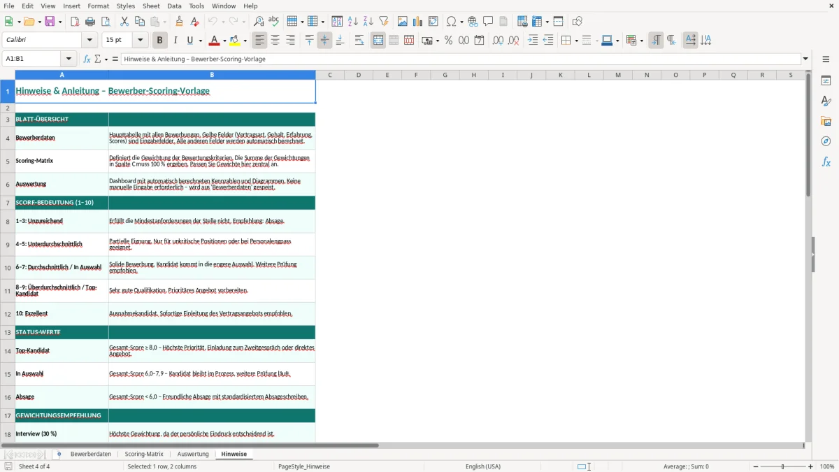 Captura de tela 4: Aba Hinweise - Planilha Excel bewerber scoring excel vorlage
