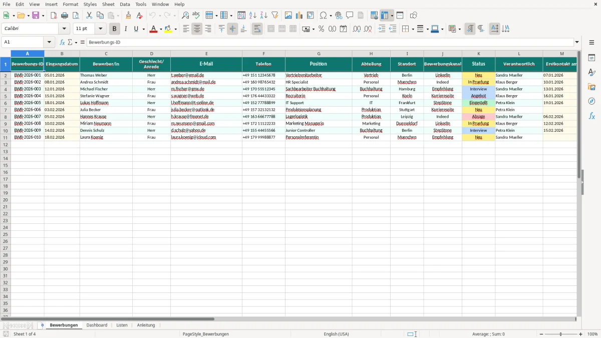 Captura de tela 1: Aba Bewerbungen - Planilha Excel bewerbungseingang tracker excel vorlage