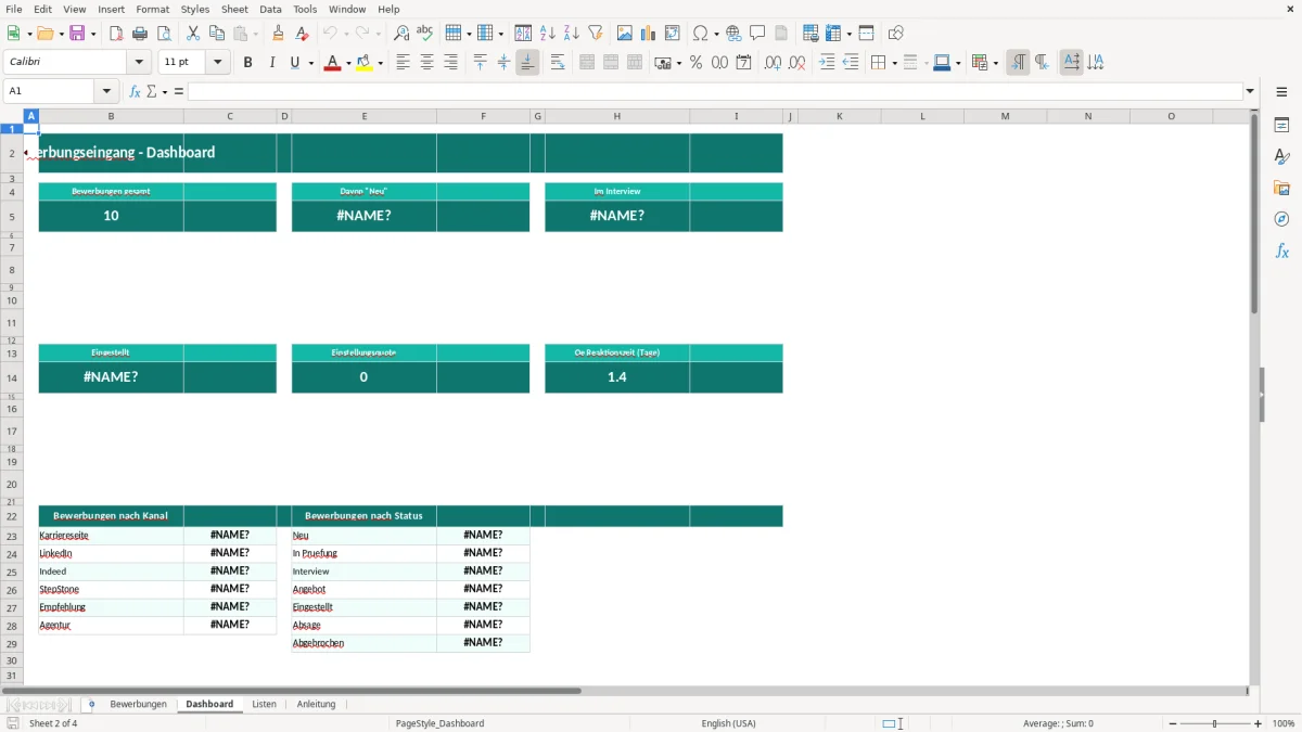Captura de tela 2: Aba Dashboard - Planilha Excel bewerbungseingang tracker excel vorlage