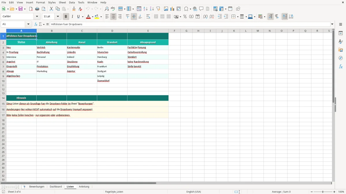 Captura de tela 3: Aba Listen - Planilha Excel bewerbungseingang tracker excel vorlage