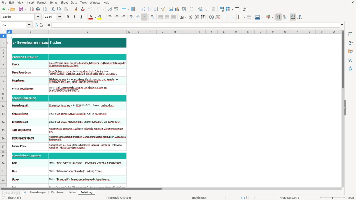 Captura de tela 4: Aba Anleitung - Planilha Excel bewerbungseingang tracker excel vorlage