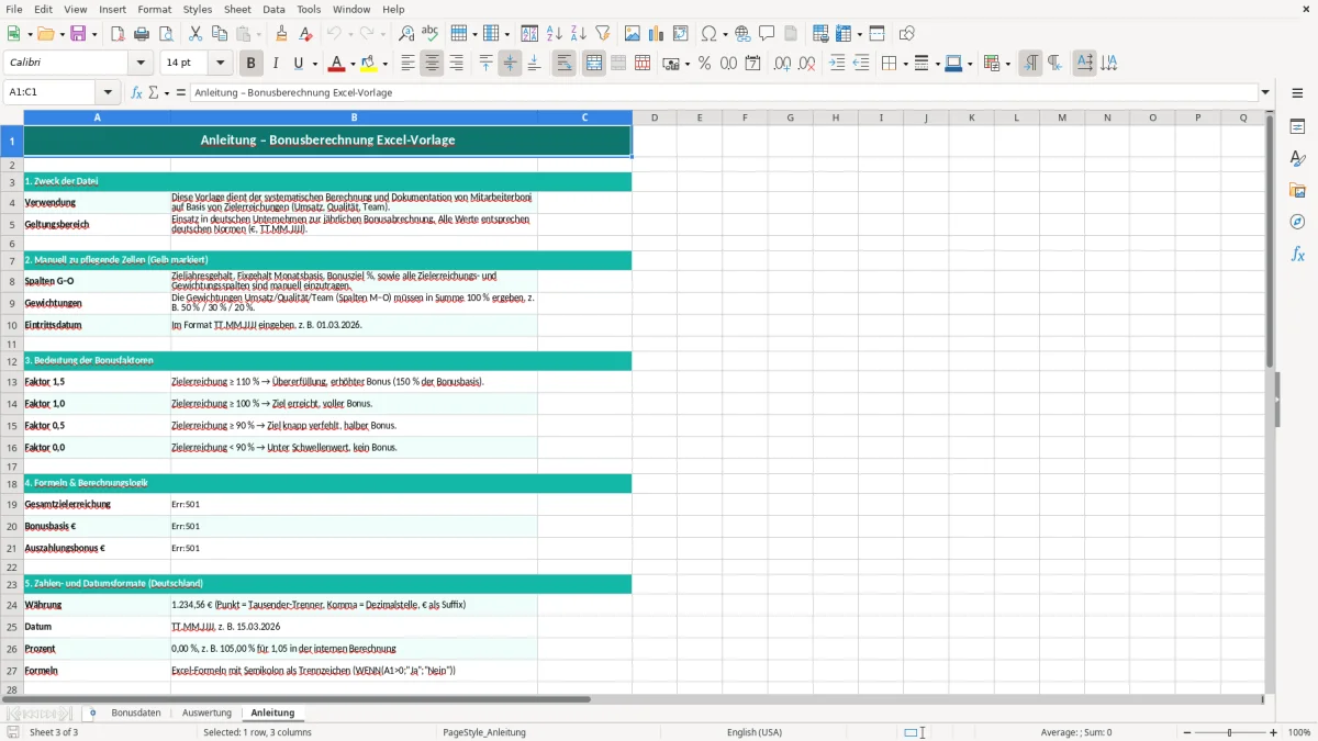 Captura de tela 3: Aba Anleitung - Planilha Excel bonusberechnung excel vorlage
