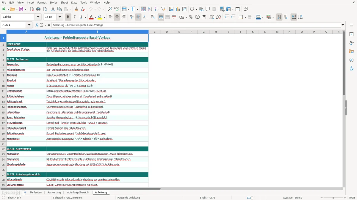 Captura de tela 4: Aba Anleitung - Planilha Excel fehlzeitenquote excel vorlage
