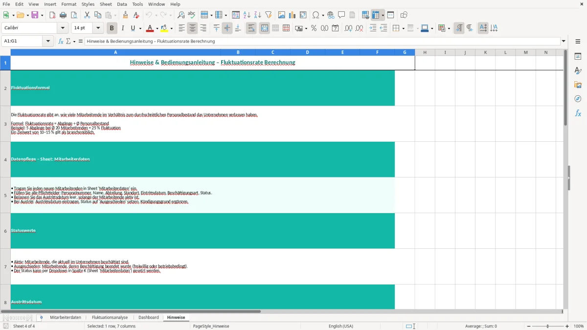Captura de tela 4: Aba Hinweise - Planilha Excel fluktuationsrate berechnung excel vorlage