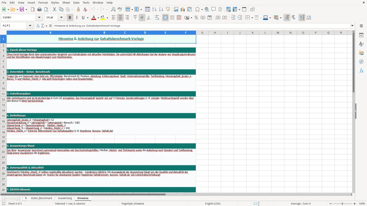 Captura de tela 3: Aba Hinweise - Planilha Excel gehaltsbenchmark excel vorlage