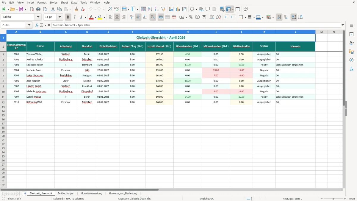 Captura de tela 1: Aba Gleitzeit_Übersicht - Planilha Excel gleitzeit rechner excel vorlage