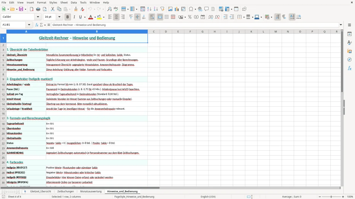 Captura de tela 4: Aba Hinweise_und_Bedienung - Planilha Excel gleitzeit rechner excel vorlage