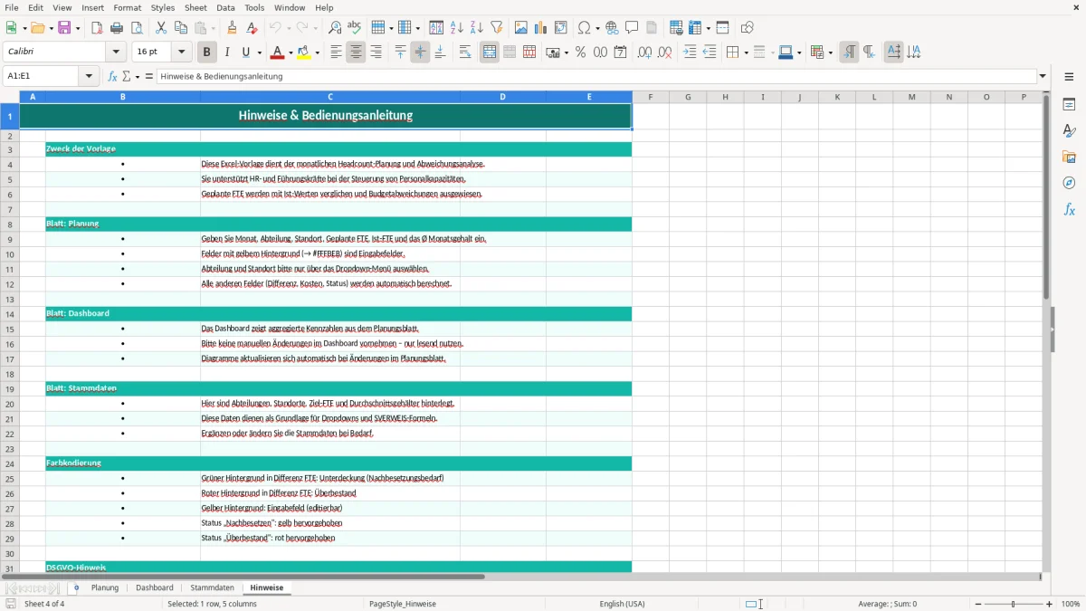 Captura de tela 4: Aba Hinweise - Planilha Excel headcount planung excel vorlage