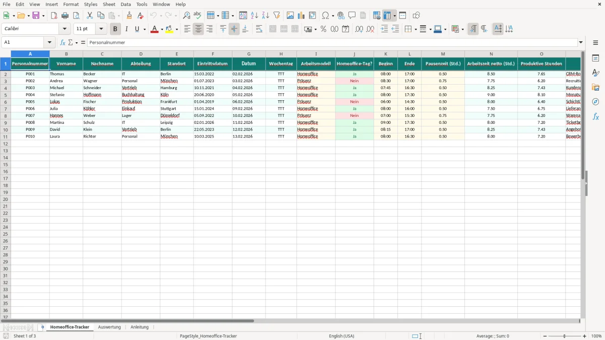 Captura de tela 1: Aba Homeoffice-Tracker - Planilha Excel homeoffice tracker excel vorlage