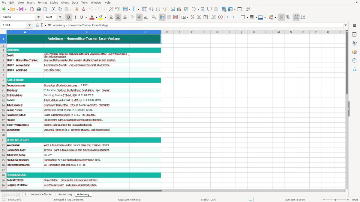 Captura de tela 3: Aba Anleitung - Planilha Excel homeoffice tracker excel vorlage