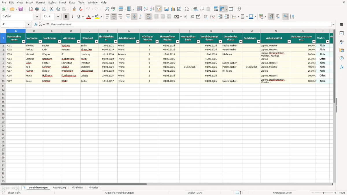 Captura de tela 1: Aba Vereinbarungen - Planilha Excel homeoffice vereinbarung excel vorlage