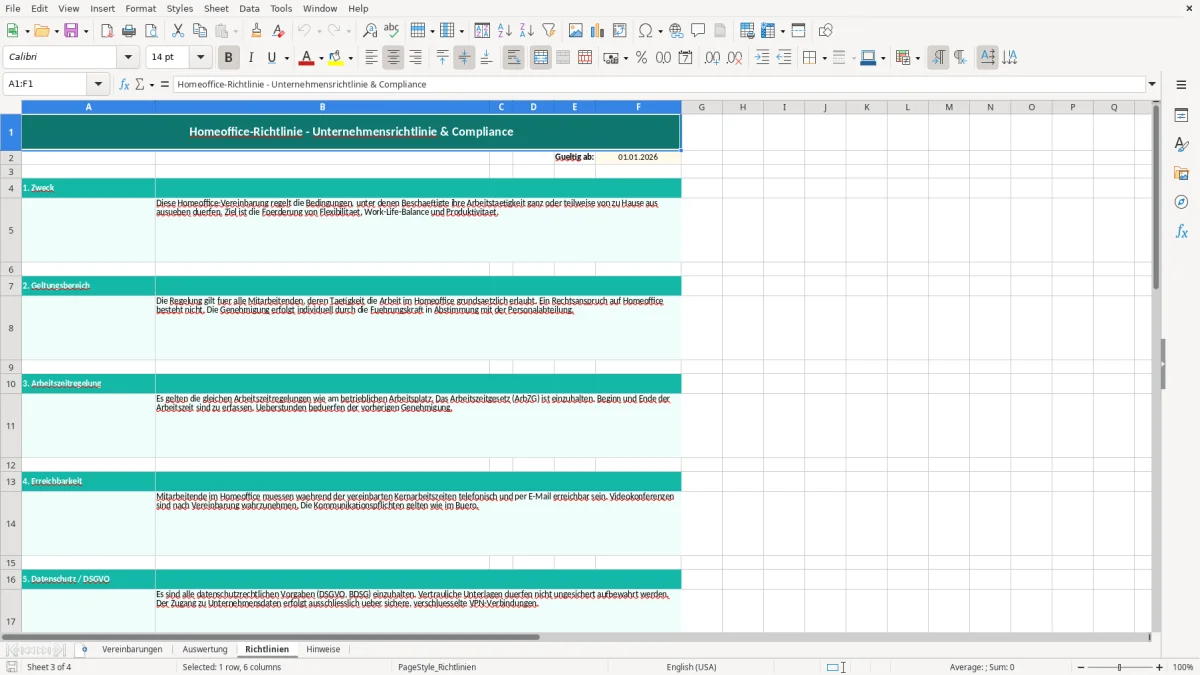 Captura de tela 3: Aba Richtlinien - Planilha Excel homeoffice vereinbarung excel vorlage