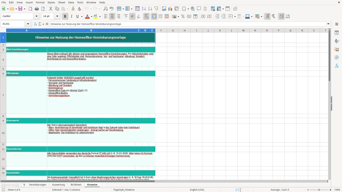 Captura de tela 4: Aba Hinweise - Planilha Excel homeoffice vereinbarung excel vorlage