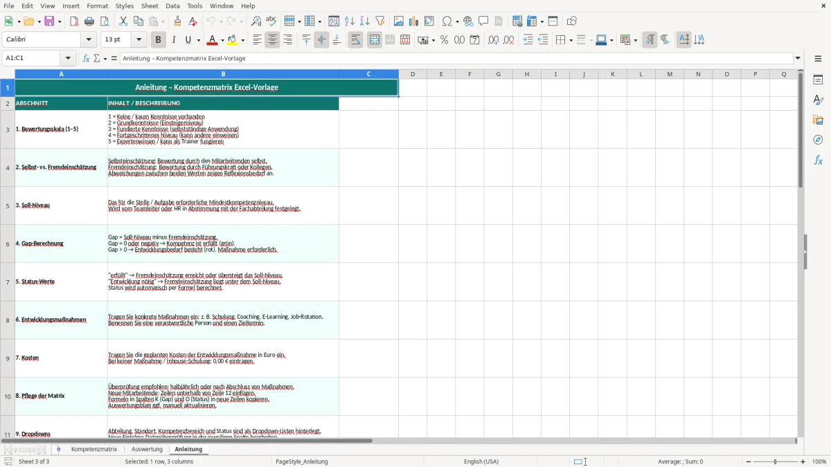 Captura de tela 3: Aba Anleitung - Planilha Excel kompetenzmatrix excel vorlage