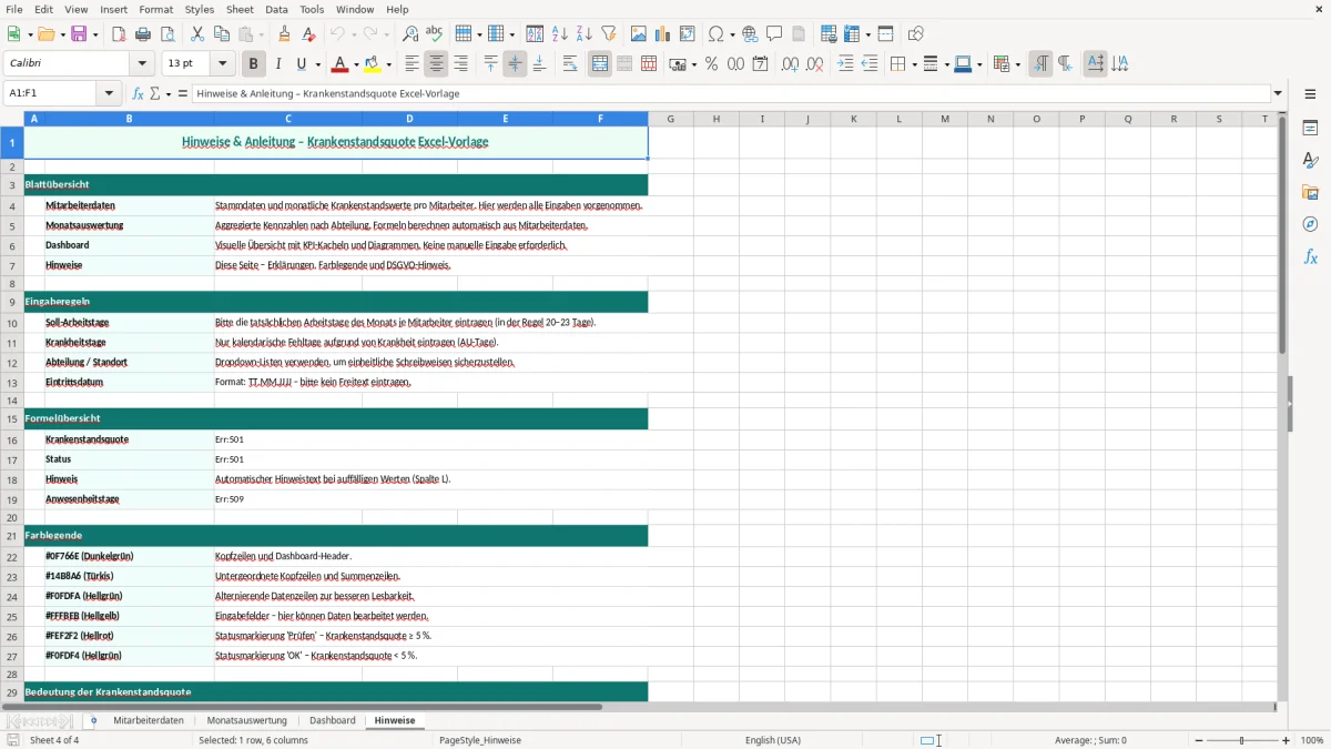 Captura de tela 4: Aba Hinweise - Planilha Excel krankenstandsquote excel vorlage