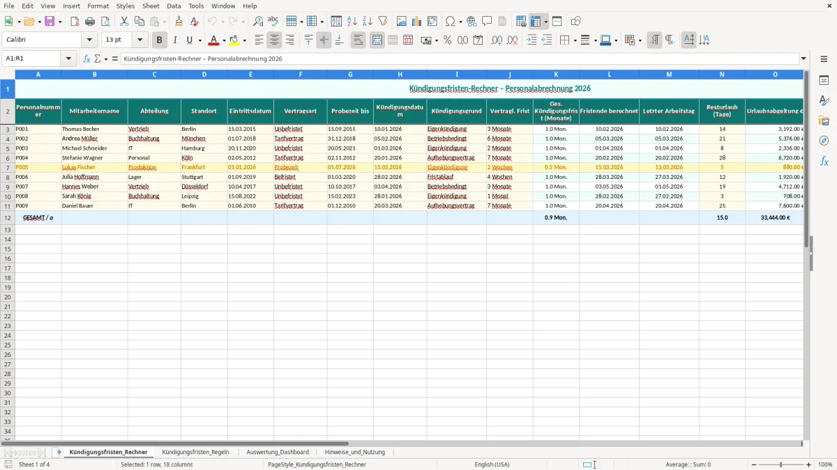 Captura de tela 1: Aba Kündigungsfristen_Rechner - Planilha Excel kündigungsfristen rechner excel vorlage