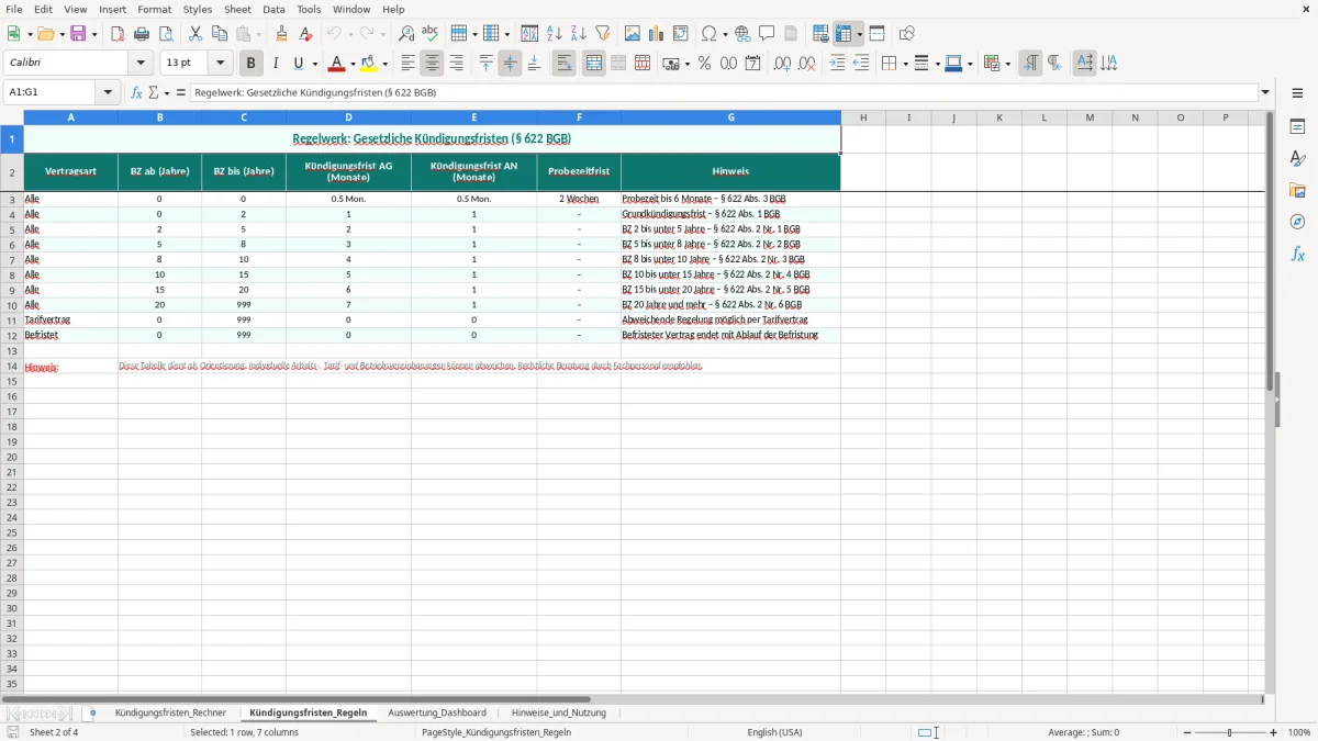 Captura de tela 2: Aba Kündigungsfristen_Regeln - Planilha Excel kündigungsfristen rechner excel vorlage