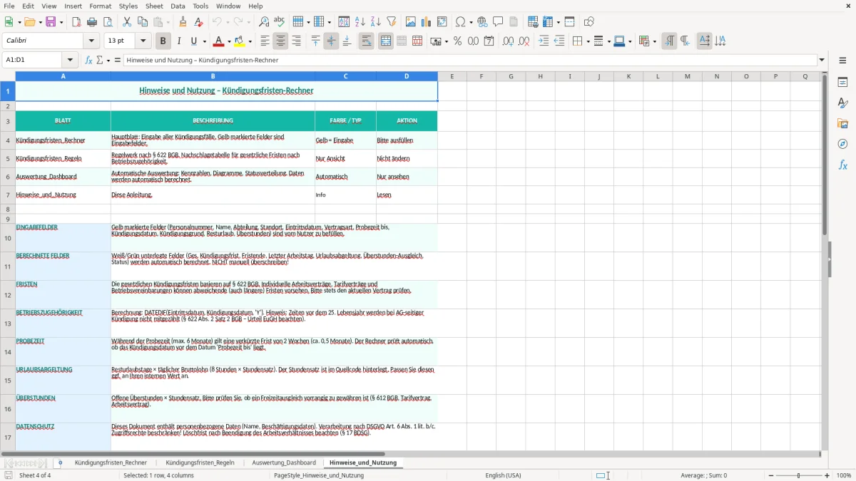 Captura de tela 4: Aba Hinweise_und_Nutzung - Planilha Excel kündigungsfristen rechner excel vorlage