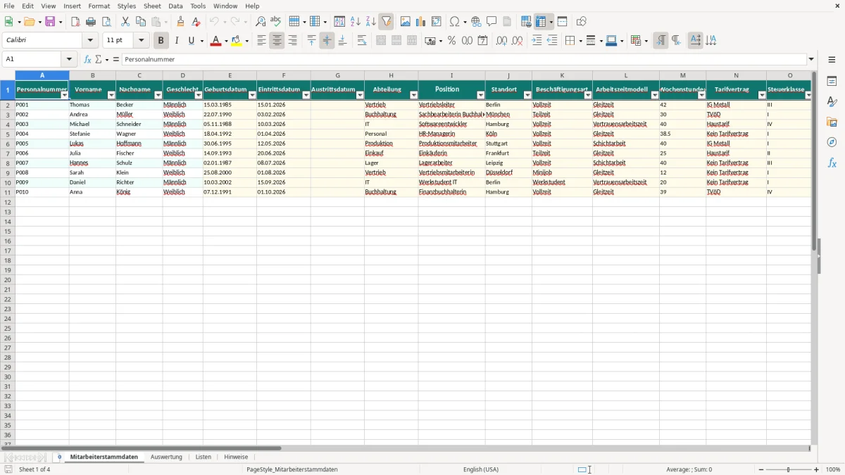 Captura de tela 1: Aba Mitarbeiterstammdaten - Planilha Excel mitarbeiterstammdaten excel vorlage