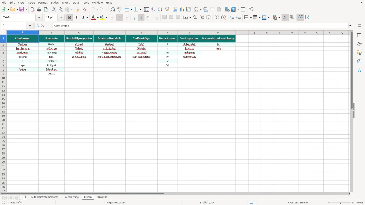 Captura de tela 3: Aba Listen - Planilha Excel mitarbeiterstammdaten excel vorlage