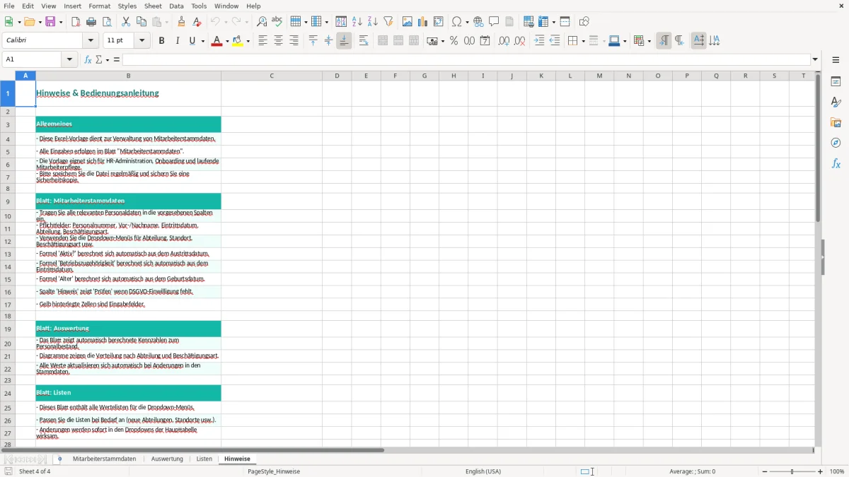 Captura de tela 4: Aba Hinweise - Planilha Excel mitarbeiterstammdaten excel vorlage