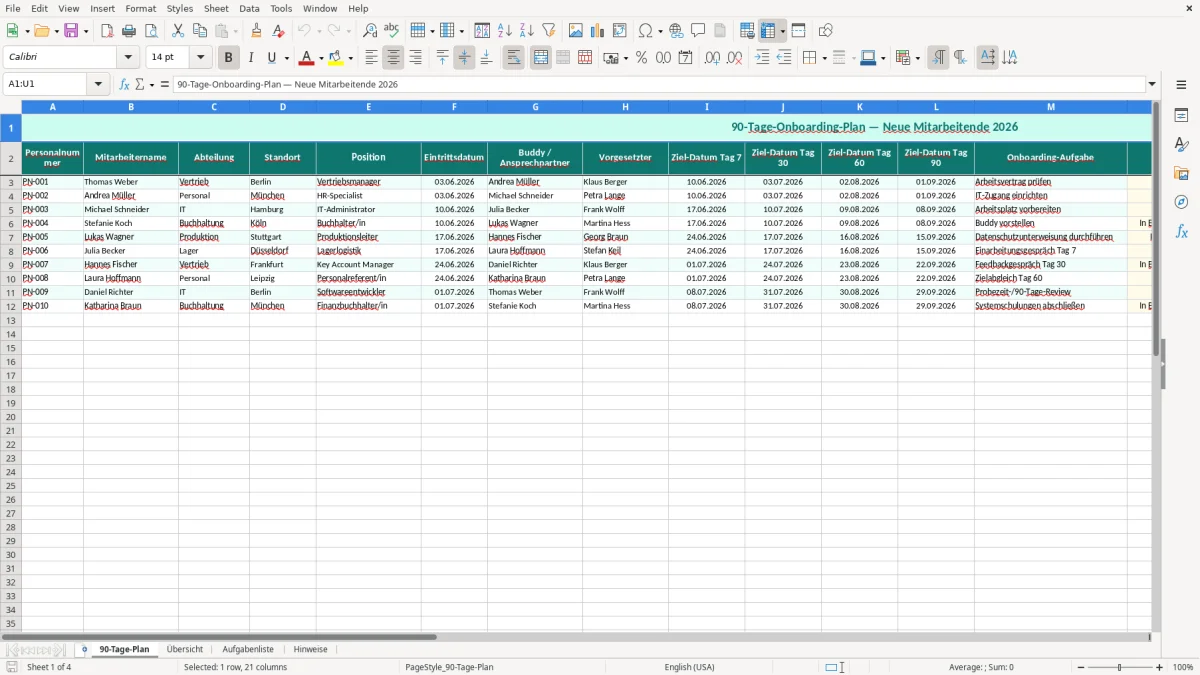 Captura de tela 1: Aba 90-Tage-Plan - Planilha Excel onboarding 90 tage plan excel vorlage