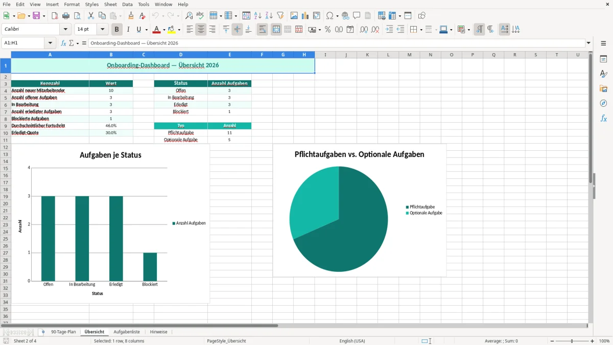 Captura de tela 2: Aba Übersicht - Planilha Excel onboarding 90 tage plan excel vorlage