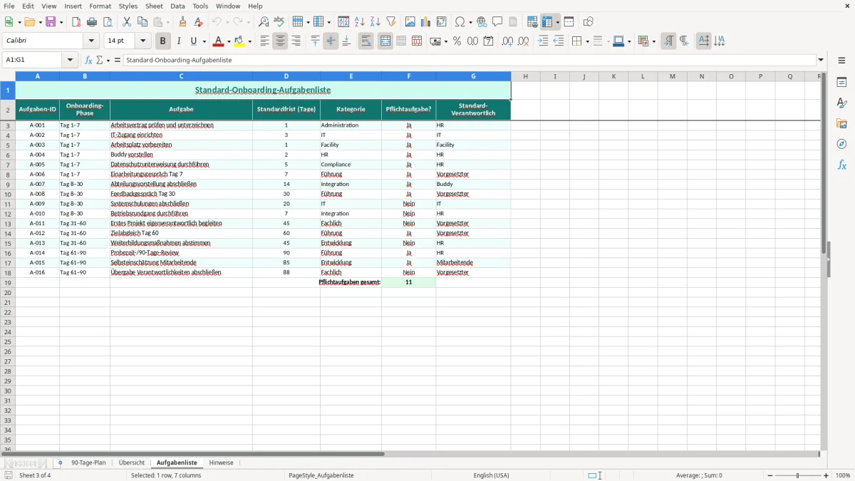 Captura de tela 3: Aba Aufgabenliste - Planilha Excel onboarding 90 tage plan excel vorlage