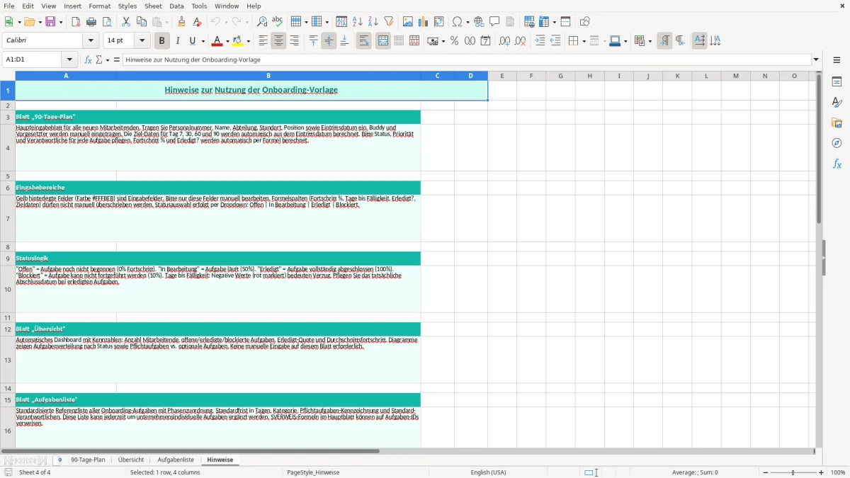 Captura de tela 4: Aba Hinweise - Planilha Excel onboarding 90 tage plan excel vorlage
