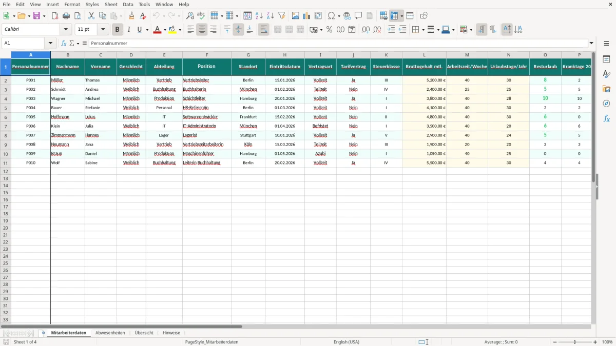 Captura de tela 1: Aba Mitarbeiterdaten - Planilha Excel personalakte excel vorlage