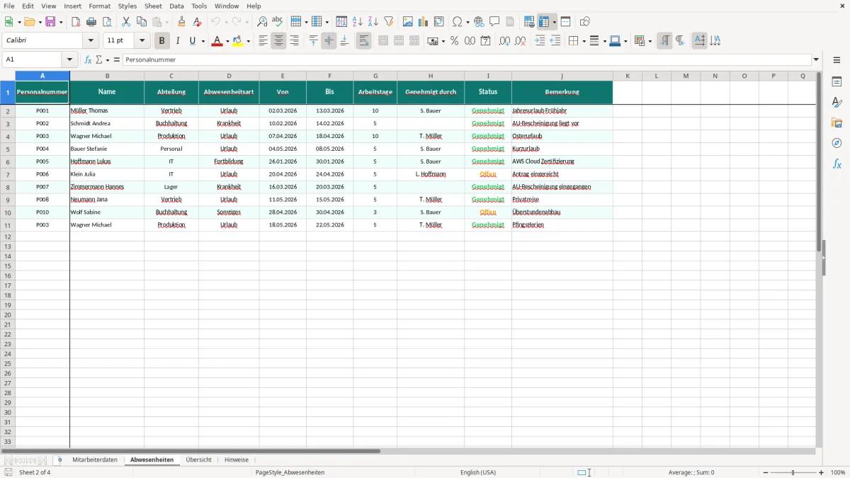Captura de tela 2: Aba Abwesenheiten - Planilha Excel personalakte excel vorlage