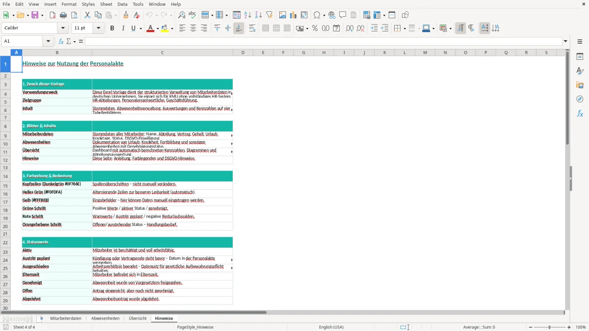 Captura de tela 4: Aba Hinweise - Planilha Excel personalakte excel vorlage
