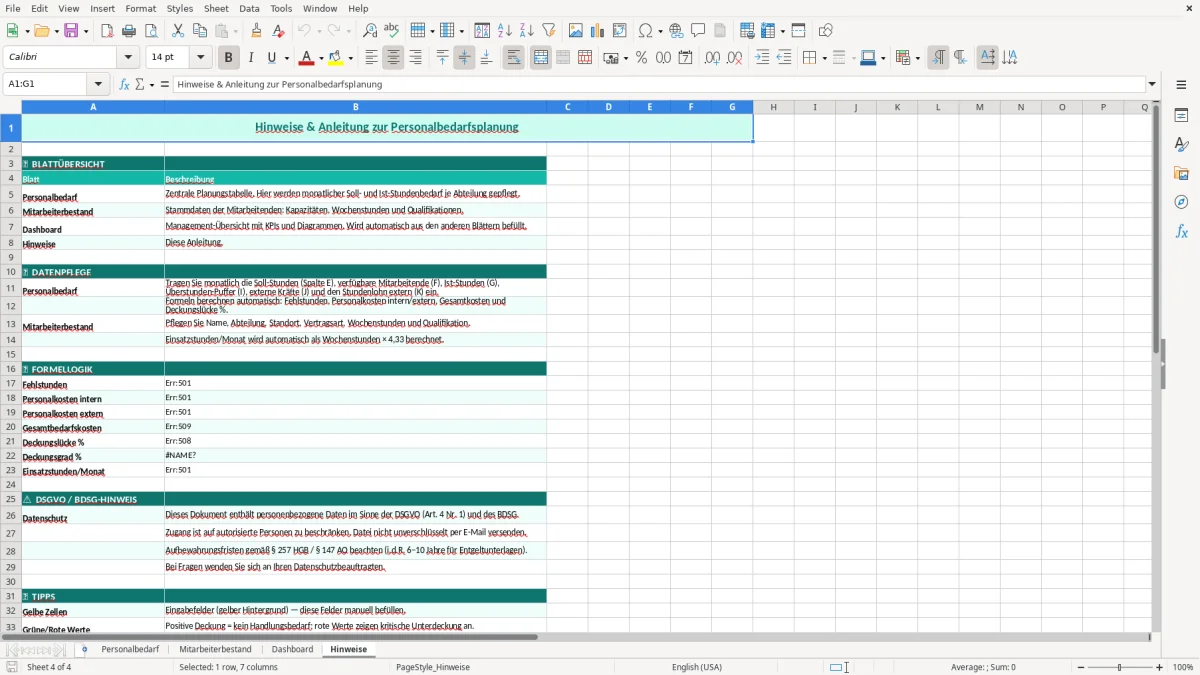 Captura de tela 4: Aba Hinweise - Planilha Excel personalbedarfsplanung excel vorlage