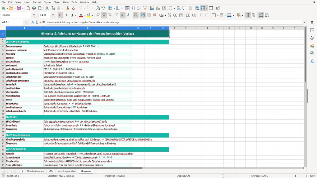 Captura de tela 4: Aba Hinweise - Planilha Excel personalkennzahlen excel vorlage